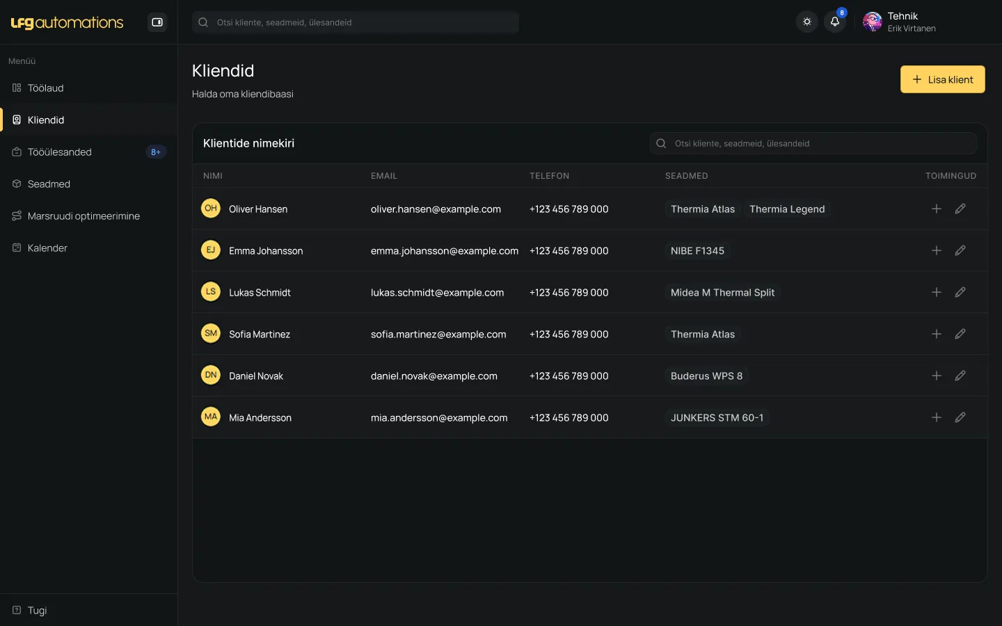 LFG Automations client management interface with full service history and contact details