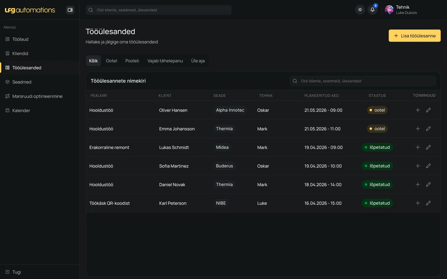 LFG Automations work order management screen showing job assignments, locations, and status tracking