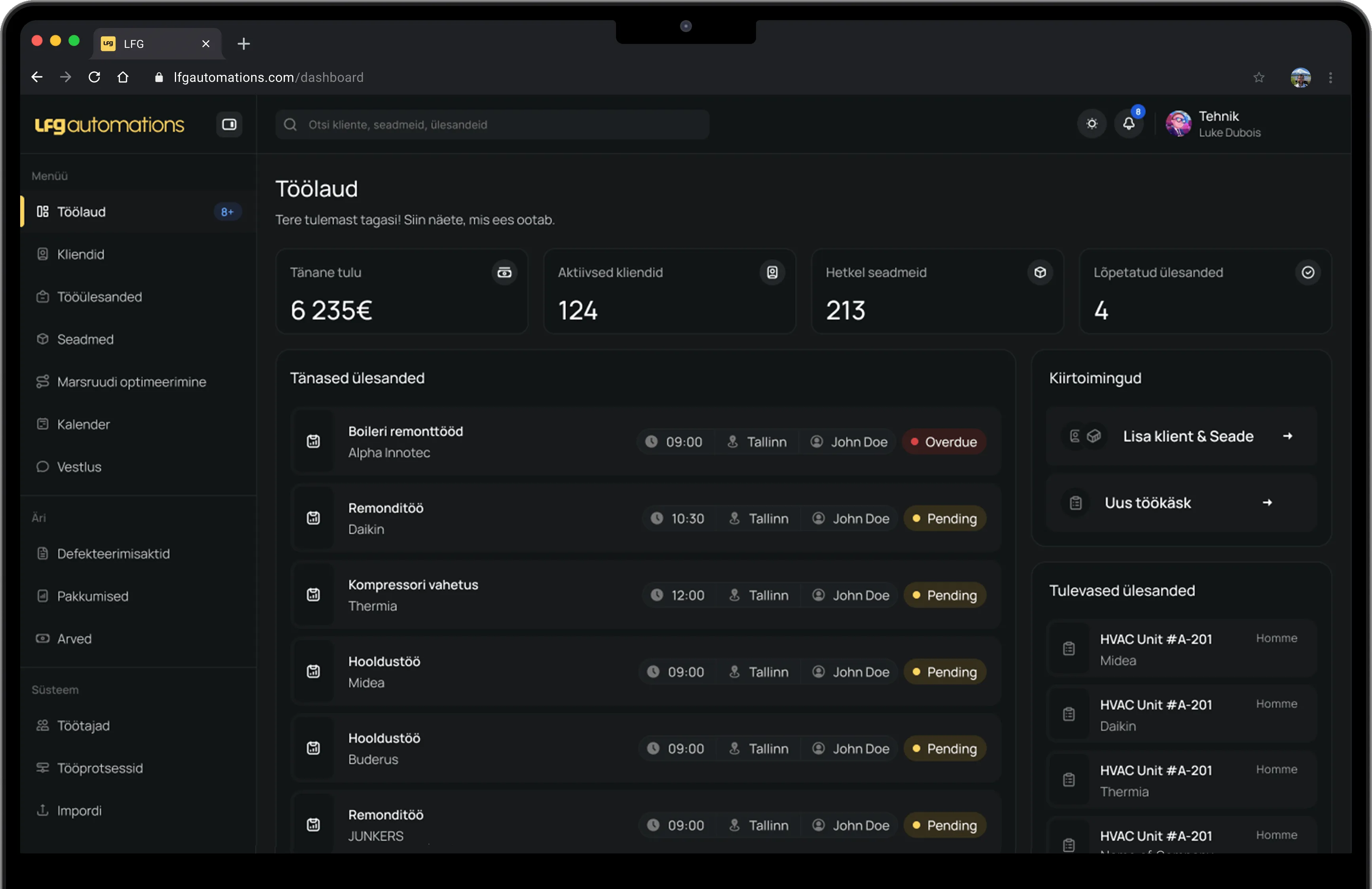 LFG Automations dashboard showing work orders, device tracking, and daily task overview
